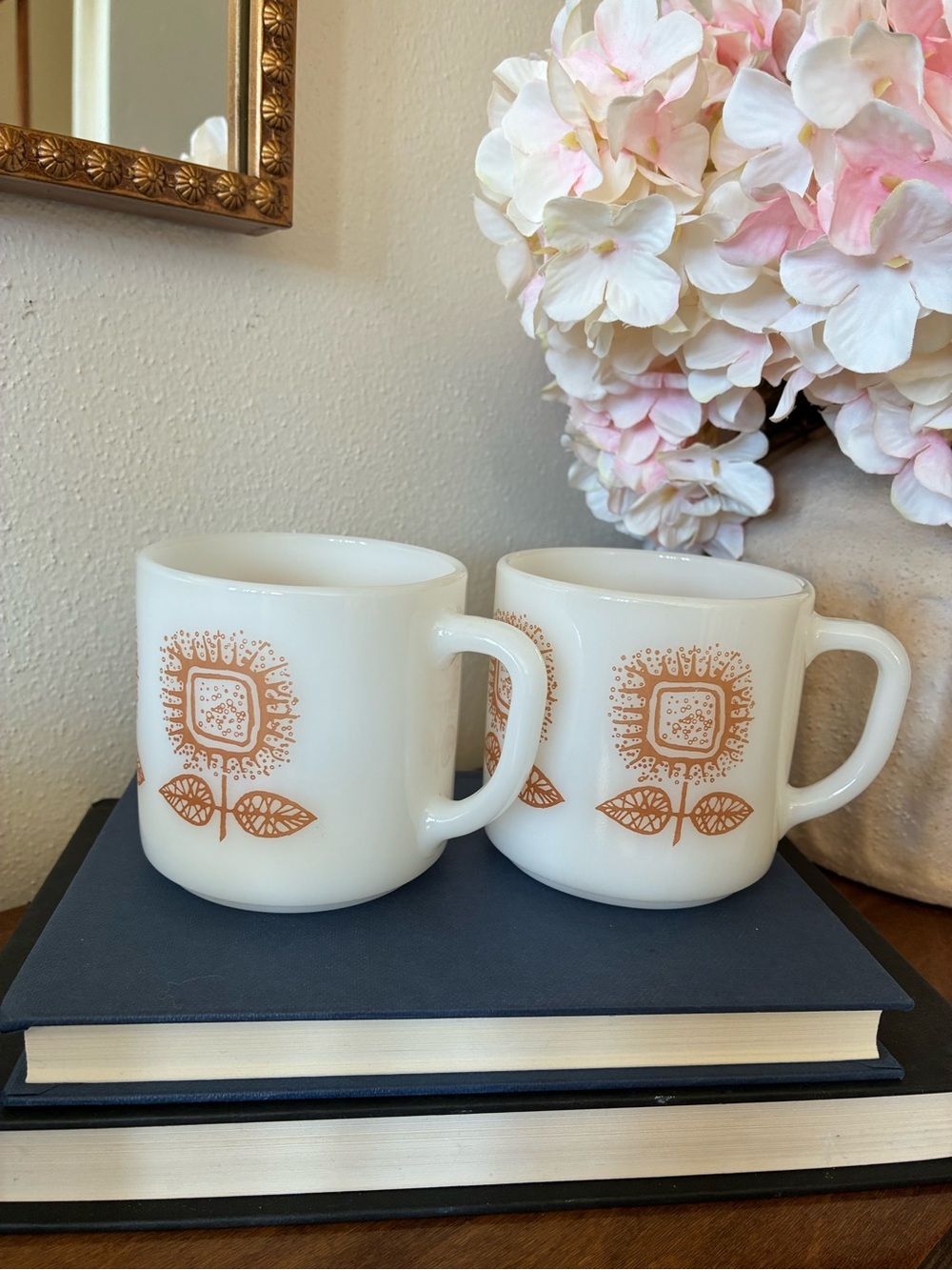 Milk Glass Floral Mugs in Cream with Orange Motif - Vintage Style